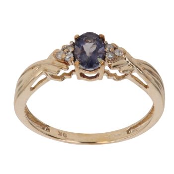 9ct Yellow Gold 0.05ct Brilliant and Oval Cut Diamond and Amethyst Solitaire Ring