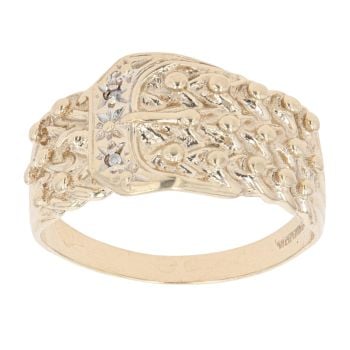 9ct Yellow Gold 0.02ct Diamond Three Row Keeper Buckle Ring