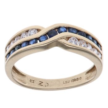 9ct Yellow Gold Cubic Zirconia and Sapphire Crossover Ring