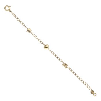 14ct Yellow Gold Hearts Butterfly and Star Charm Bracelet 8"