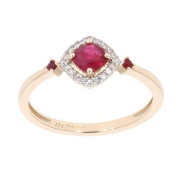 9ct Yellow Gold Ruby and 0.06ct Diamond Cluster Ring