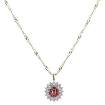 9ct Yellow Gold Cubic Zirconia and Red Gemstone Cluster Pendant and Chain 20"