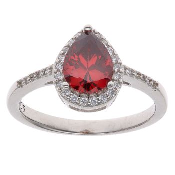 Silver Cubic Zirconia and Red Gemstone Pear Cluster Ring By Icesia