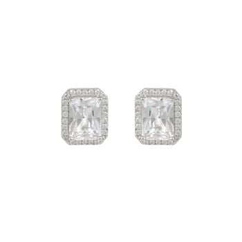 Sterling Silver Rectangular Halo Cubic Zirconia Stud Earrings