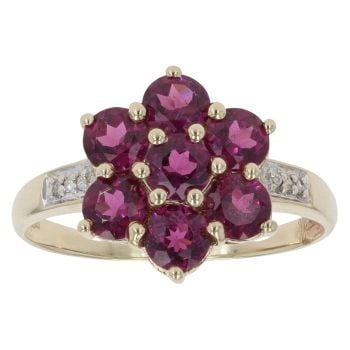9ct Yellow Gold 0.05ct Diamond and Pink Gemstone Cluster Ring