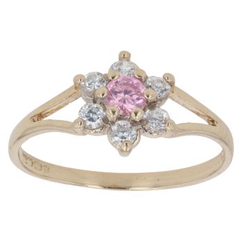 9ct Yellow Gold Pink and White Cubic Zirconia Cluster Ring