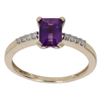 9ct Yellow Gold 0.08ct Diamond And Created Amethyst Single Stone Ring