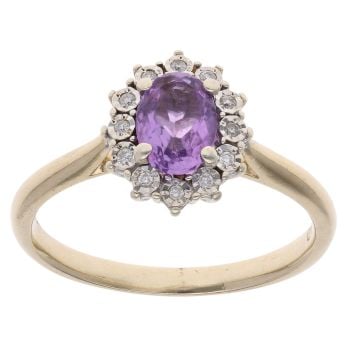 9ct Yellow Gold 0.15ct Diamond And Amethyst Cluster Ring