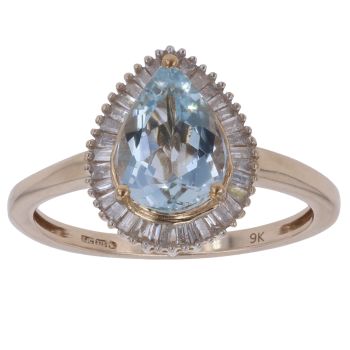 9ct Yellow Gold 0.34ct Baguette Cut Diamond and Aquamarine Cluster Ring