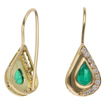 14ct Yellow Gold 0.25ct Brilliant Cut Diamond and Emerald Drop Earrings
