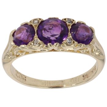 9ct Yellow Gold 0.04ct Diamond and Amethyst Three Stone Ring