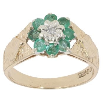 9ct Yellow Gold 0.05ct Diamond and Emerald Cluster Ring