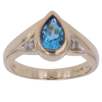9ct Yellow Gold 0.05ct Diamond and Blue Topaz Single Stone Ring
