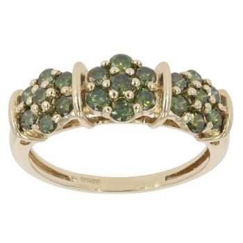 9ct Yellow Gold 1.00ct Brilliant Cut Green Diamond Triple Cluster Ring