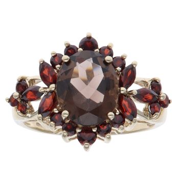 9ct Yellow Gold Garnet and Smoky Quartz Cluster Ring
