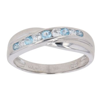 9ct White Gold Aquamarine and Cubic Zirconia Crossover Ring