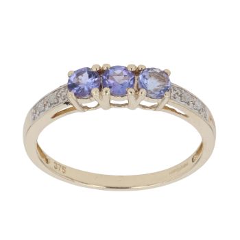 9ct Yellow Gold 0.05ct Brilliant Cut Diamond and Tanzanite Three Stone Ring
