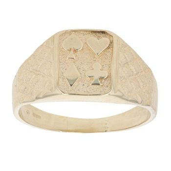 14ct Yellow Gold Patterned Card Symbols Signet Ring