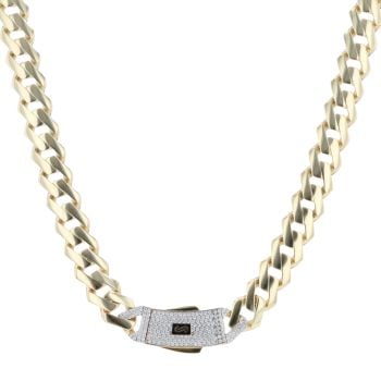 14ct Yellow Gold Monaco Curb Edge Cubic Zirconia Pave Lock Chain 24"