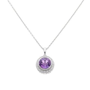 18ct White Gold 0.15ct Diamond and Amethyst Solitiare Pendant and Chain 18"
