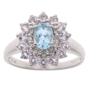 9ct White Gold Cubic Zirconia and Aquamarine Cluster Ring