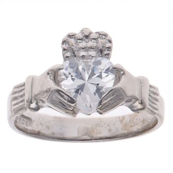 14ct White Gold Cubic Zirconia Patterned Claddagh Ring