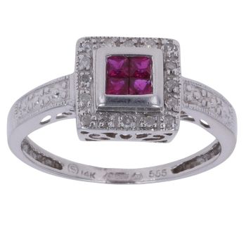 14ct White Gold 0.10ct Diamond and Ruby Cluster Ring