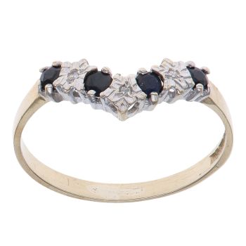 9ct Yellow Gold 0.02ct Brilliant Cut Diamond and Sapphire Wishbone Ring
