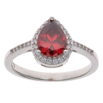 Silver Cubic Zirconia and Red Gemstone Pear Cluster Ring By Icesia