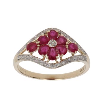 9ct Yellow Gold 0.15ct Diamond and Ruby Cluster Ring