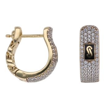 14ct Yellow Gold Monaco Classic Plain Pave Link Cubic Zirconia Hoop Earrings