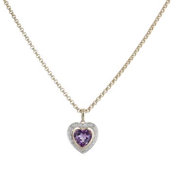 9ct Yellow and White Gold 0.02ct Single Cut Diamond and Amethyst Heart Pendant and Chain 18"