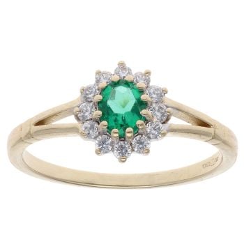 9ct Yellow Gold Created Emerald And Cubic Zirconia Cluster Ring