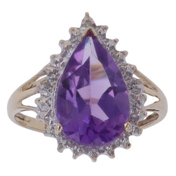 9ct Yellow Gold 0.01ct Diamond And Amethyst Cluster Ring