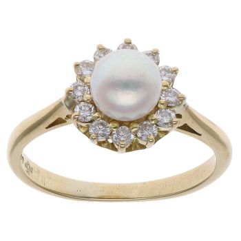 18ct Yellow Gold 0.25ct Brilliant Cut Diamond and Pearl Cluster Ring