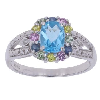 9ct White Gold 0.01ct Diamond Blue Topaz and Multi Gemstone Cluster Ring