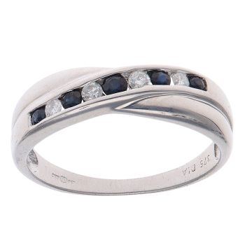 9ct White Gold 0.10ct Diamond and Sapphire Crossover Ring