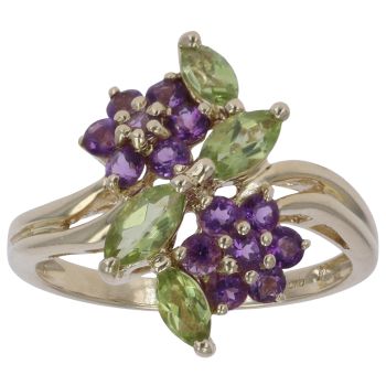 9ct Yellow Gold Peridot and Amethyst Floral Cluster Ring
