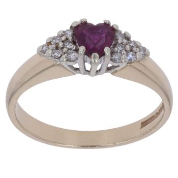 9ct Yellow Gold 0.10ct Diamond and Ruby Heart Cluster Ring