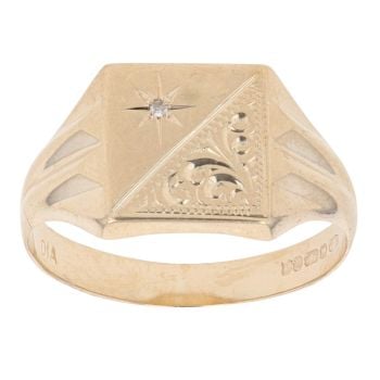 9ct Yellow Gold 0.01ct Diamond Patterned Square Signet Ring