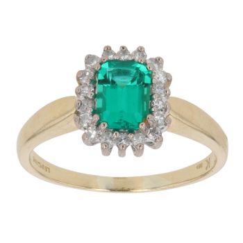 18ct Yellow Gold 0.21ct Single Cut Diamond and Created Emerald Cluster Ring