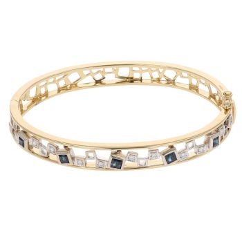 18ct Yellow Gold 0.25ct Brilliant Cut Diamond and Sapphire Fancy Hinged Bangle