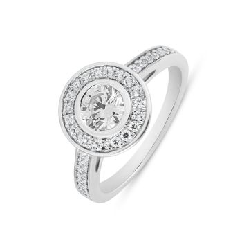 9ct White Gold 1.00ct Diamond Halo Solitaire Ring with Lab Grown Diamond Shoulders