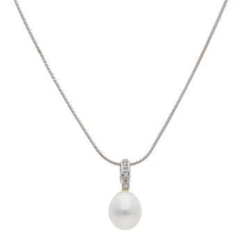 14ct White Gold 0.05ct Diamond and Pearl Solitaire Pendant and Chain 16"