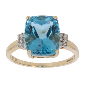 9ct Yellow Gold 0.10ct Brilliant and Cushion Cut Diamond and Topaz Solitaire Ring