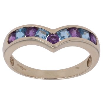 9ct Yellow Gold Blue Topaz and Amethyst Wishbone Ring
