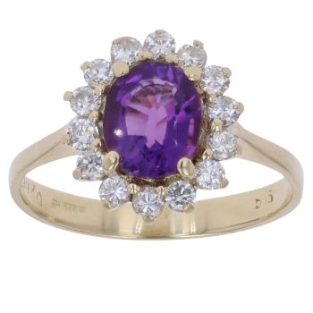14ct Yellow Gold 0.50ct Brilliant Cut Diamond and Amethyst Cluster Ring