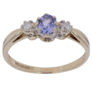 9ct Yellow Gold 0.10ct Diamond and Tanzanite Three Stone Ring