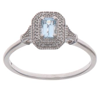 9ct White Gold 0.10ct Brilliant Cut Diamond and Aquamarine Cluster Ring