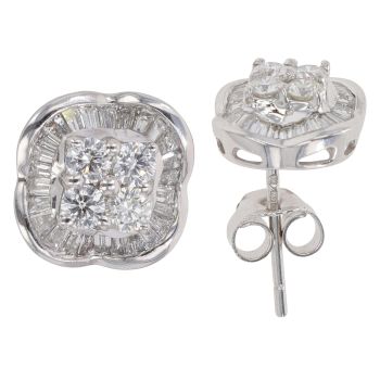 18ct White Gold 0.75ct Brilliant and Baguette Cut Diamond Cluster Earrings